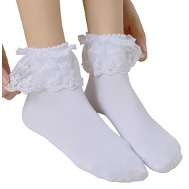SRYL Lace Ruffle Socks for Women - Frilly Ankle Socks - with Pearl Lace (White-1 Pairs_Pearl Lace)
