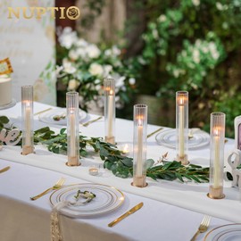 NUPTIO Candlestick Holder with Ribbed Hurricane: Set of 6 Metal Candle Holders with Glass Cylinders - Gold Taper Candleholders for Birthday Valentine Wedding Table Centerpiece Outdoor Decor