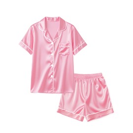 BINPAW Girls Pajama Set Silk Pajamas Satin Pjs Short Sleeve Sleepwear, Pink, 9-10 Years = Tag 150