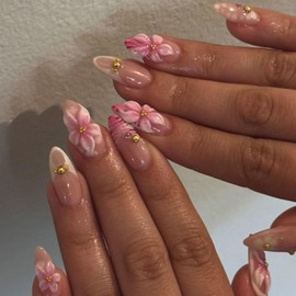 24Pcs Long Almond Press on Nails Flower Fake Nails French Tips False Nails Pink Nude 3D Floral White Edge with Gold Rhinestone Design Glue on Nail Artificial Stick on Nails Decor Nail for Women