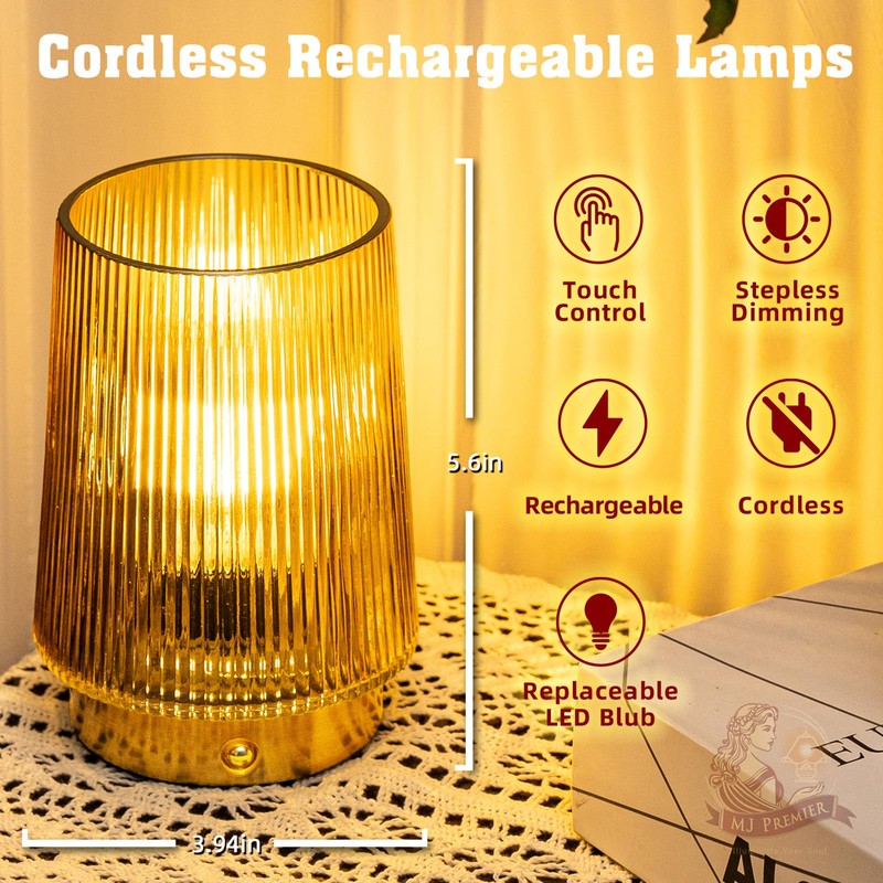 MJ PREMIER Cordless Lamps Rechargeable Glass Table Lamp Portable Dimmable