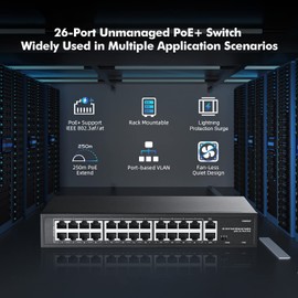 24 Port PoE Switch with 2 Gigabit Uplink, 100Mbps PoE+ Ports, 1000Mbps Uplink, IEEE802.3af/at, Max 300W, VLAN & PoE Extend 250m, YuLinca RackMount Fanless Unmanaged Ethernet Switch