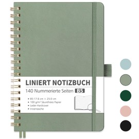 RETTACY Notebook B5 Lined, Bullet Journal with 100 g/m² Thick Paper, 70 Sheets/140 Numbered Pages, College Pad for Office and School, Leather Cover, Light Green, 17.6 cm x 25 cm