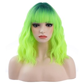 incohair Ombre Green Wigs for Women 14 Inches Short Wavy Neon Green Wig With Bangs Fluorescent Green Short Wigs for Cosplay Party Daily Wigs Wig Cap Included