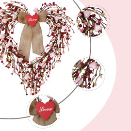 TEMPUS 18” Artificial Valentine's Day Heart Wreath Pink Heart Berry Wreath Valentine's Day Wall Door Home Wedding Party Anniversary Decorations Girl Friend Valentine's Day Decorations