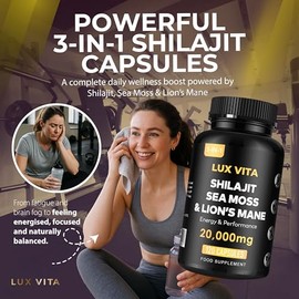 Shilajit with Sea Moss & Lion’s Mane Capsules – 3-in-1 | 4 Month Supply | Herbal Energy, Brain Focus, Daily Mineral & Vitality Supplement – Vegan High Strength Formula | Lux Vita