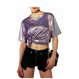 ANKOMINA Women Teen Girls Shiny Glitter Metallic T Shirt Tank Tops Holographic Rave Festival Party Blouse