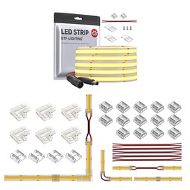 BTF-LIGHTING FCOB COB 336LED/m 8W/m 16.4FT DC24V Warm White 3000K CRI 90+ 8mm Width LED Strip,2pin 8mm 0.31in L-Shaped Connector Kit with L-Shaped Type (No Adapter or Controller)