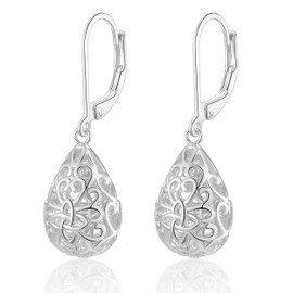 Silver Drop Earrings for Women Girls, White Gold Plated Hollow Oval Shaped Leverback Dangle Earrings Jewelry Gifts for Birthday Christmas