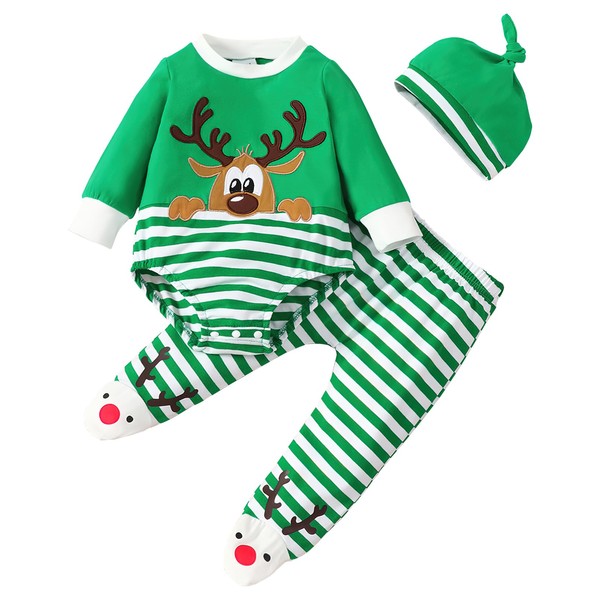 TAGVO Baby Boy Girl Christmas Baby Girl Boy, My First Christmas Baby Girls Boys Romper with Stripe Pants and Hat 3pcs Outfit Set, Christmas Outfit Baby Costume