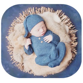 Vemonllas Newborn Photography Props Boys Girls Outfits Sleepy Hat Bonnet & Footed Romper Bodysuit Photoshoot Costume Outfits Set (Blue)