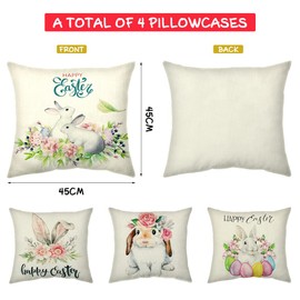 Meleager 4 x Easter Cushion Covers, Easter Decoration, Bunny Cushion Covers, Easter Eggs, Linen Decorative Cushion Covers, Home, Cushion Covers, 45 x 45 cm, for Sofa Bedroom