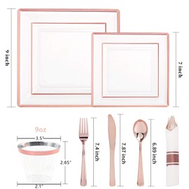 WELLIFE 350 PCS Rose Gold Square Plastic Plates, Disposable Rose Gold Dinnerware, Includes: 50 Dinner Plates10.25”, 50 Dessert Plates7.5”, 50 Cups 9 OZ, 50 Pre Rolled Napkins with Cutlery