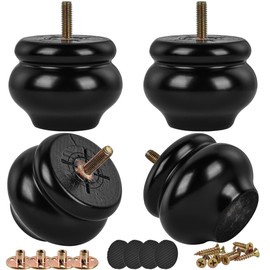 Btowin 2 Inch / 5cm Solid Wood Furniture Legs, 4Pcs Black Round Gourd Wooden Bun Feet with Threaded M8 Hanger Bolts & Mounting Plate & Screws for Sofa Couch Cabinet Chair Ottoman