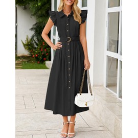 ZESICA Women's 2025 Summer Boho Button Midi Dresses Casual V Neck Flutter Sleeve Belted Long Dresses with Pockets,Black,Small