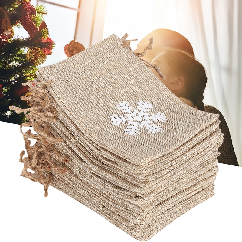 25Pcs Drawstring Bag Like Linen Snow Pattern Gift Bag Christmas