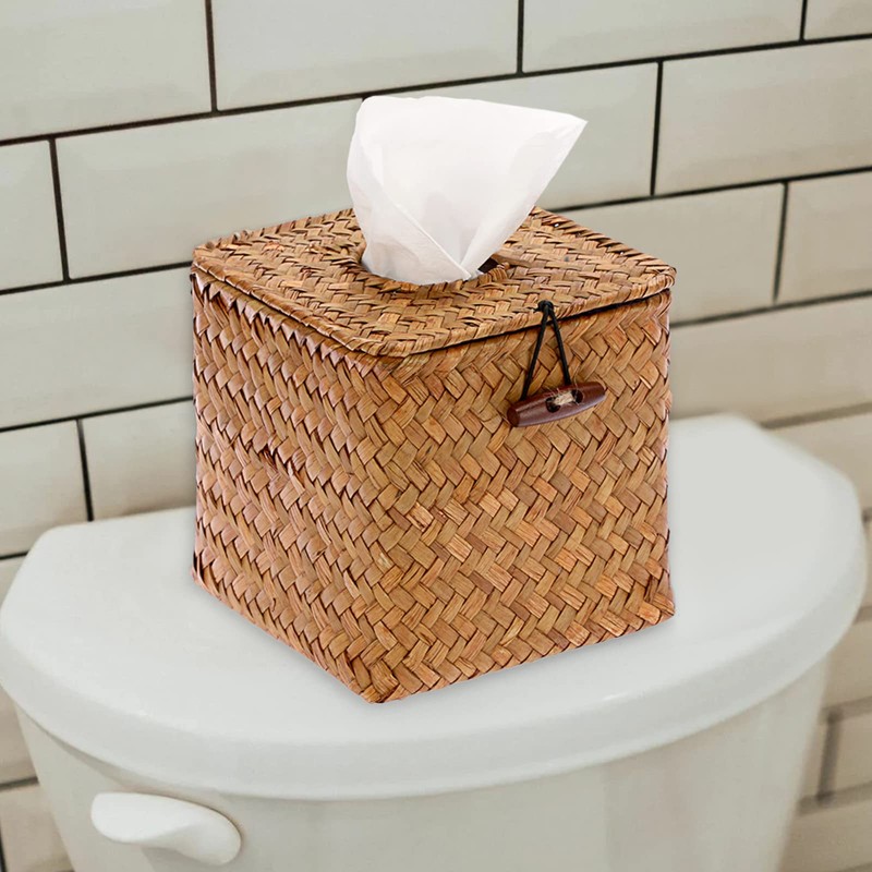 BTSKY Square Seagrass Tissue Box - Decorative Woven Basket Paper