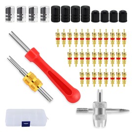 Pack of 46 valve repair tools, car bike tyre valve remover with double and single head valve core, 1 piece 4-way valve core tool, 12 pieces tyre valve caps, 30 pieces valve core