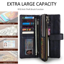 LETEULO Women's Wallet RFID Blocking Clasp Ladies Leather Wallet Vintage Hand Rubbing Organizer (Blue Black)