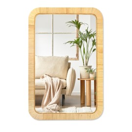 PERFNIQUE Rattan Mirror, 36'' x 24" Rectangle Boho Bathroom Mirror, Decorative Wall Nursery Decor, Rustic Farmhouse Handmade Wicker Mirror for Bathroom Bedroom Entryway Living Room Decor