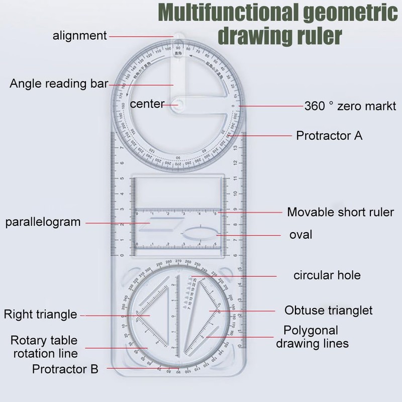 1 x Multifunctional Geometric Ruler, Maths Drawing Ruler, Drawing Stencil,
