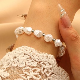 Sttiafay Pearl Beaded Chain Bracelet White Baroque Pearl Bracelet Silver Small Ball Bead Bracelets Simulated Pearls Wedding Bracelets Jewelry for Women