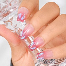 Sethexy Pink Rhinestone Handmade Press on Nail Medium Coffin Fake Nails Aurora Gradient Glitter Acrylic Glossy False Nail Salon Nails for Women and Girls 10PCS (C)