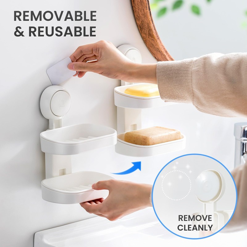 TAILI Double Layer Suction Soap Dishes for Bathroom, Max Hold