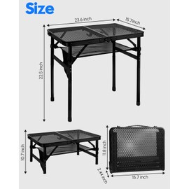 MSDADA Folding Grill Table, Height Adjustable Aluminum Table with Mesh Desktop and Mesh Bag, Portable Grill Table for Outdoor Camping, Picnic, Patio, Dining, BBQ, Party, Black, 23.6×15.7 inch
