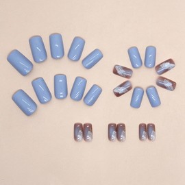 Square Press on Nails Ballerina Fake Nails White Gradient Blue Nails Press on False Nails with Marble Designs Medium Stick on Nails Glitter French Nail Tips for Women