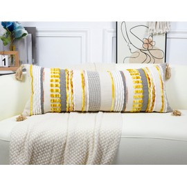 NUYECY Chenille and Cotton Long Pillow for Bed,Striped Textured Boho Long Lumbar Throw Pillow Cover 14x36,Neutral Accent Decorative Extra Long Body Pillow Case for Couch Sofa Bedroom,Yellow