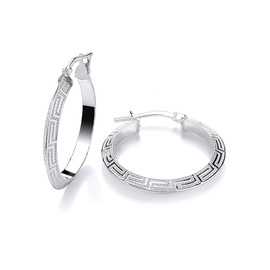 Sterling Silver 25mm Greek Key Patterned Hoop Creole Earrings - Solid 925 Silver - 1 inch Diameter