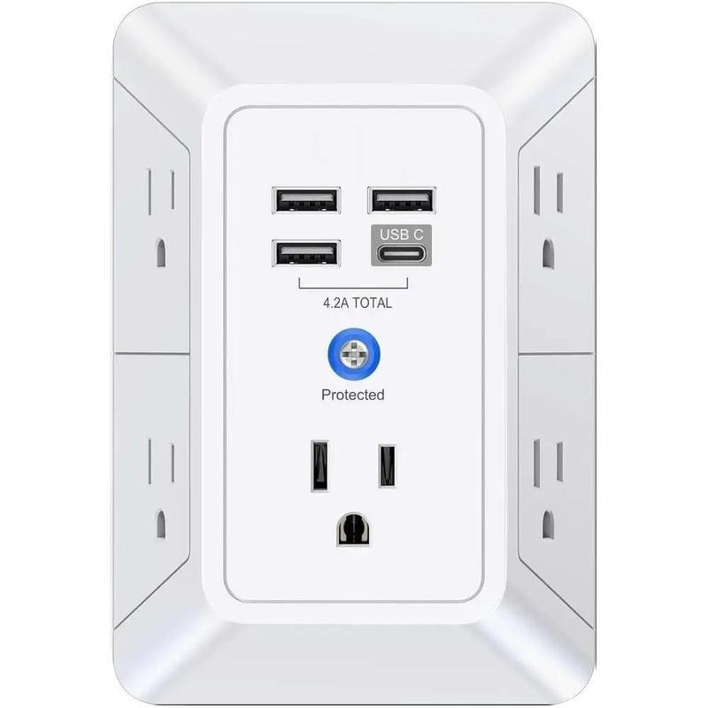 5-Outlet Surge Protector Wall Charger with 4 USB Ports -