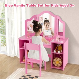 HONEY JOY Kids Vanity, Little Girls Vanity Set with with Mirror and Stool, Storage Shelves, Wooden Princess Makeup Dressing Table, Toddler Vanity, Pretend Play Kids Vanity Table and Chair Set (Pink)