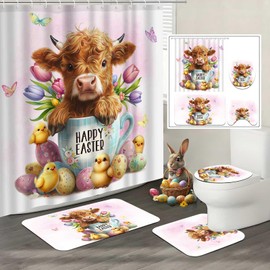 Lofaris 4pcs Shower Curtain Set with Non-Slip Rugs Easter Highland Cow and Chicks Design Includes Shower Curtain Toilet Lid Cover and Bath Mat Polyester Fabric Bathroom Set with 12 Hooks