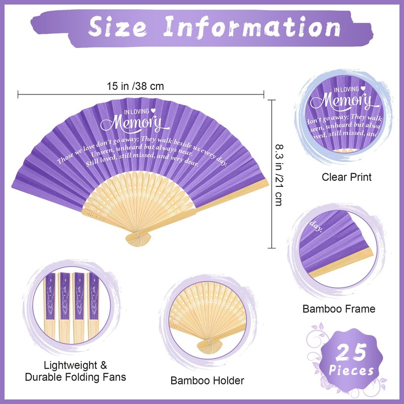 25 Pack Funeral Favors for Guests Handheld Paper Fans, Purple