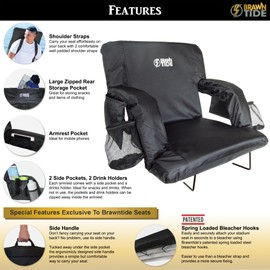 BRAWNTIDE Wide Stadium Chair for Bleachers - Stadium Seat with Back Support, Comfy Thick Cushion, 2 Bleacher Hooks, 4 Pockets, Ideal for Sport Events, Concerts, Parks (Black, Wide Size)