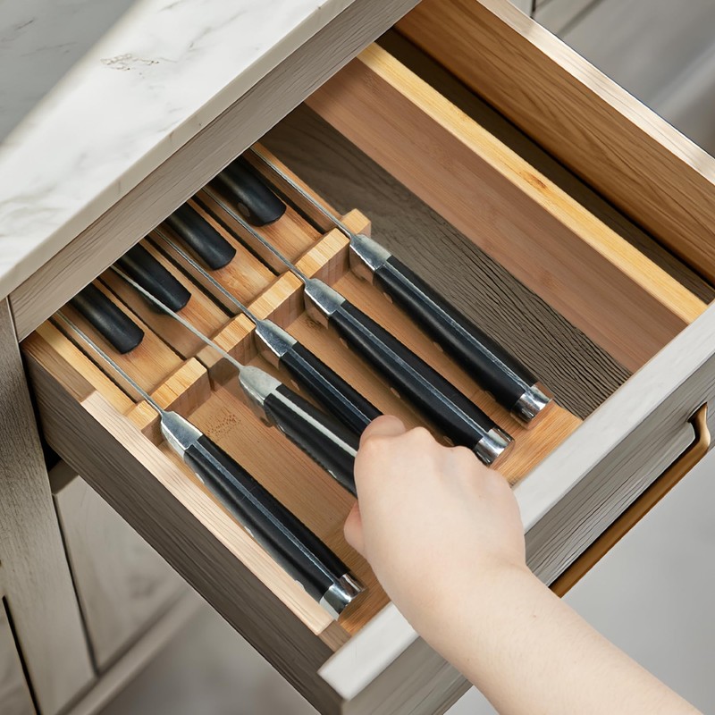 Utoplike Knife Drawer Organizer Bamboo Knives Block for Kitchen, Large