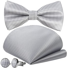 GASSANI 3-Piece Men's Bow Tie, Cufflinks and Handkerchief in 10 Colours | Checked Silk Look Double Bow Tie | Ready Tied and Adjustable Bow | for Suit or Tuxedo - Classic