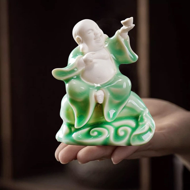 Houlu Small Green Fat Laughing Buddha Statue for Good Luck,