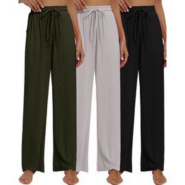 Neer 3 Pack Women's Baggy Sweatpants with Pockets, Wide Leg Yoga Pants Cozy Thick Lounge Pants Drawstring Casual Loose Jogger(Medium,Army Green, Smoky Gray, Black)