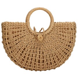 Straw Bags for Women,Hand-woven Straw Top-handle Bag with Round Ring Handle Summer Beach Rattan Tote Handbag (Khaki)