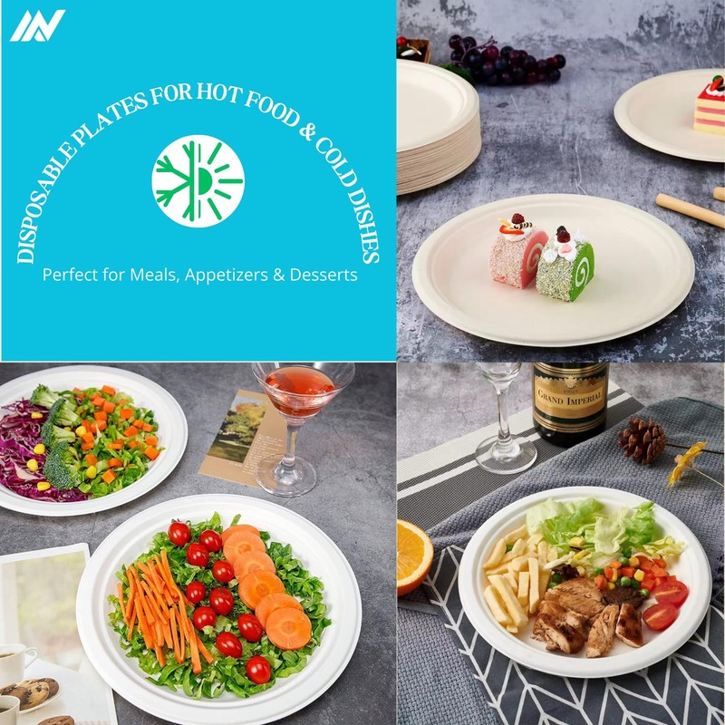 AAN 100% Compostable Biodegradable Paper Plates, Heavy-Duty Eco-Friendly Disposable Bagasse