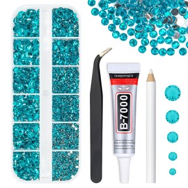 qiipii Blue Zircon Crystal Resin Rhinestones w B7000 Jewelry Glue for Bedazzling Crafting Teal Blue Flatback Stones Gems 2mm-6mm Turquoise Diamonds Crystals for Nails Face Eyes Makeup Tumblers Crafts