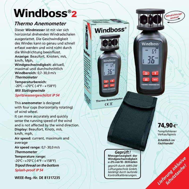 Windboss® 2 x Wind Gauge with Thermometer for Surfing, Sailing,