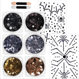 Black Spider Face Jewels Gems Sticker Halloween Spider Web Face Gems with Black Body Glitter Sequin Makeup Decoration for Women Girl Halloween Witch Vampire Festival Rave Party Dress-up