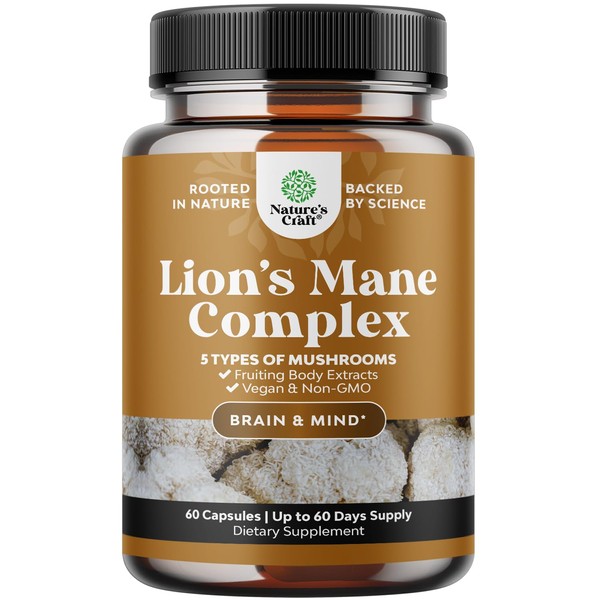 Advanced Lion's Mane Mushroom Supplement - Lions Mane Supplement Capsules with 5X Fruiting Body Mushroom Complex with Chaga Maitake Shiitake and Reishi - Brain Booster Nootropic Supplement (60 Caps)