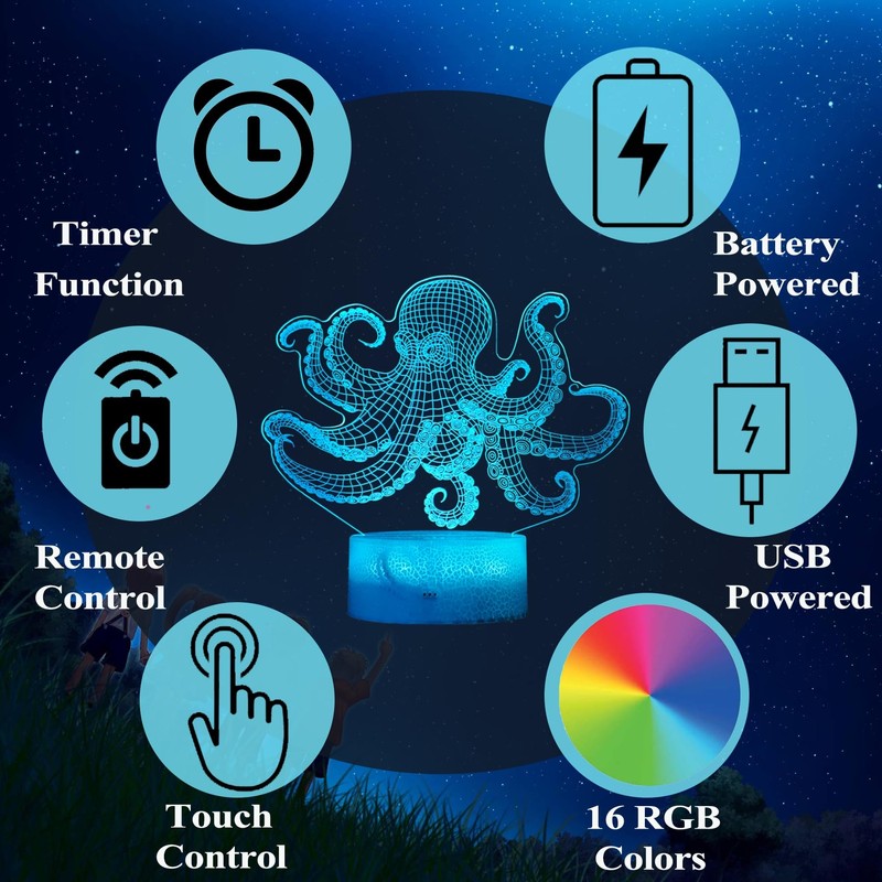 POSSHE Octopus Night Light, 3D Illusion Night Light Lamp, Octopus