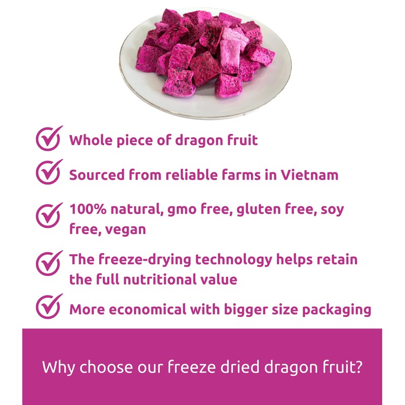 KAMVIVA Vietnam's Freeze Dried Dragon Fruit, 227g/8.0 Oz, 100% Natural,