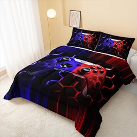 QOOMO Game Console Twin Comforter Set,Blue Red Gamepad Teen Kids Bedding Set,Honeycomb Gaming 3D Quilt Set for Boy Girls Teen Room Decor with 1 Comforter & 2 Pillowcases